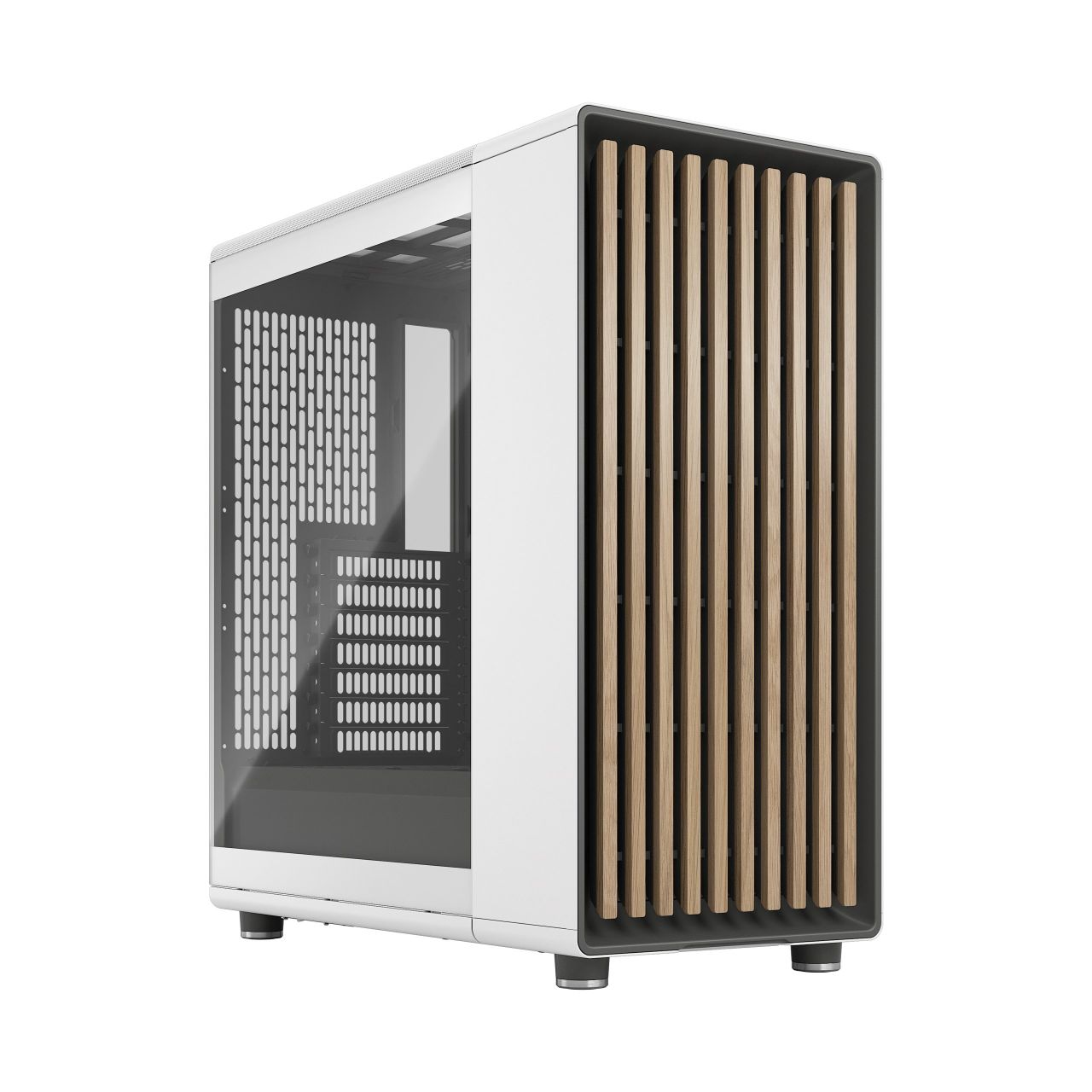 Fractal North | White Tempered Glass | <b>Front IO:</b> 1x USB Type-C + 2x USB Type-A + 2x 3.5mm In/Out Audio Jacks | <b>Fans:</b> 6x 120mm